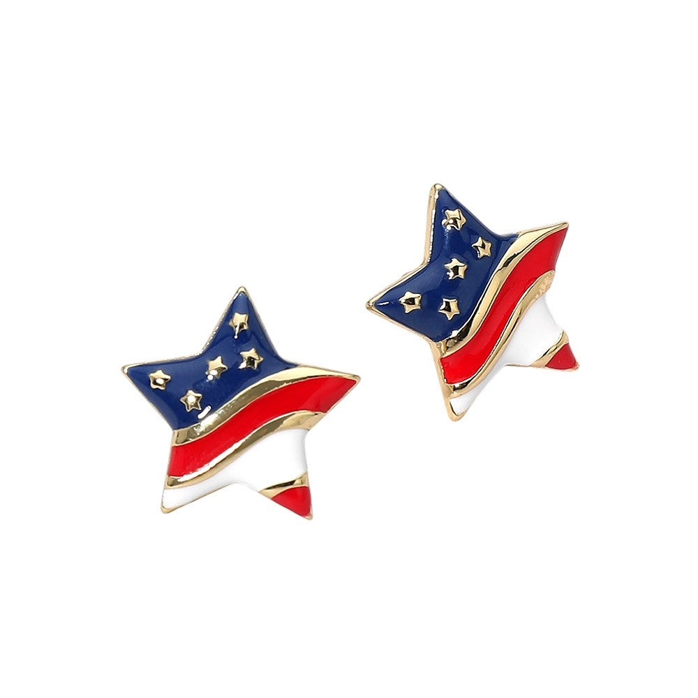 Patriotic American Flag Star Stud Earrings Red White Blue Enamel Jewelry Gift
