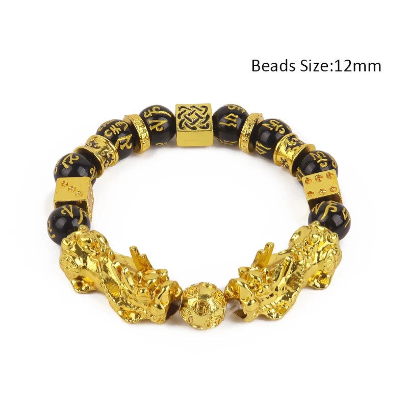 Feng Shui Gold Obsidian Wealth Bracelet 12mm Good Luck  Jewelry for Men