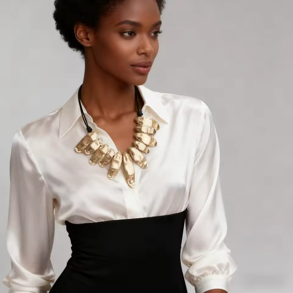 Women's Boho Chic Fashion Statement Chunky Collar Necklace Gold Tone Black Cord