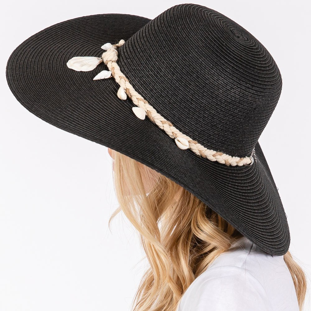 Shell and Conch Braided Band Straw Sun Hat for Women Wide Brim Beach Hat Summer