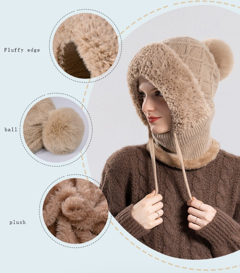 Plush Lined Knitted Pompom Balaclava Hooded Scarf Women's Winter Beanie Set Warm