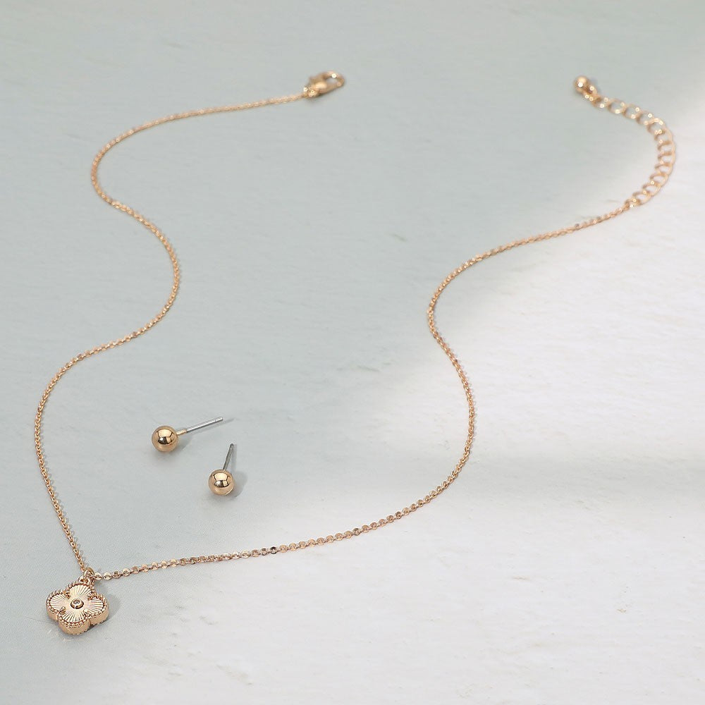 Chic Clover Necklace & Stud Earrings Set Rose Gold Tone Women's Jewelry Gift