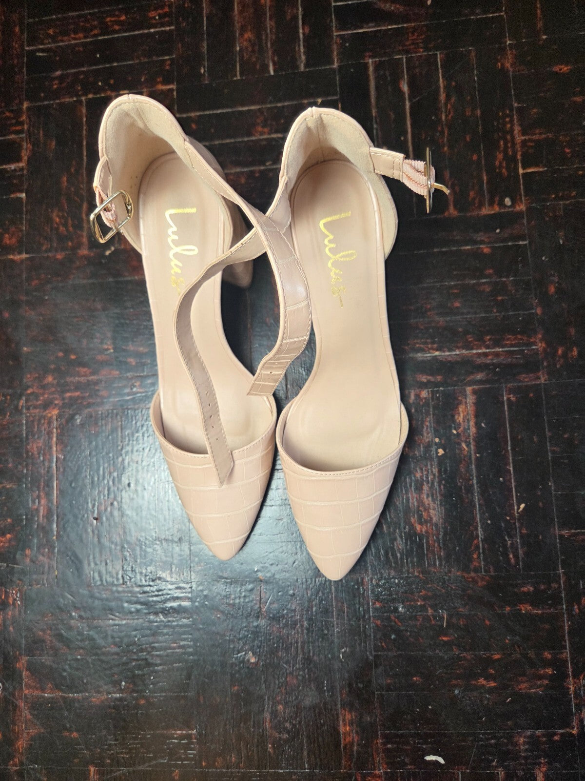 Ellarose Nude Crocodile Ankle Strap Heels for Women Round Toe Platforms  US 6.5