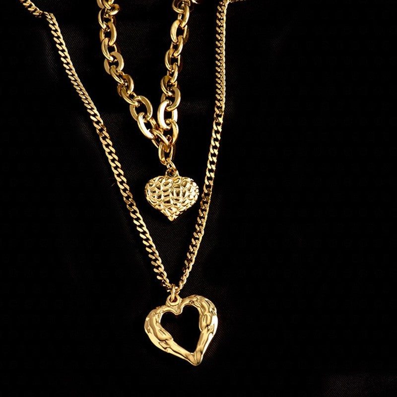 Gold Tone Layered Heart Necklace Ladies Jewelr | Chunky Chain Pendant for Women
