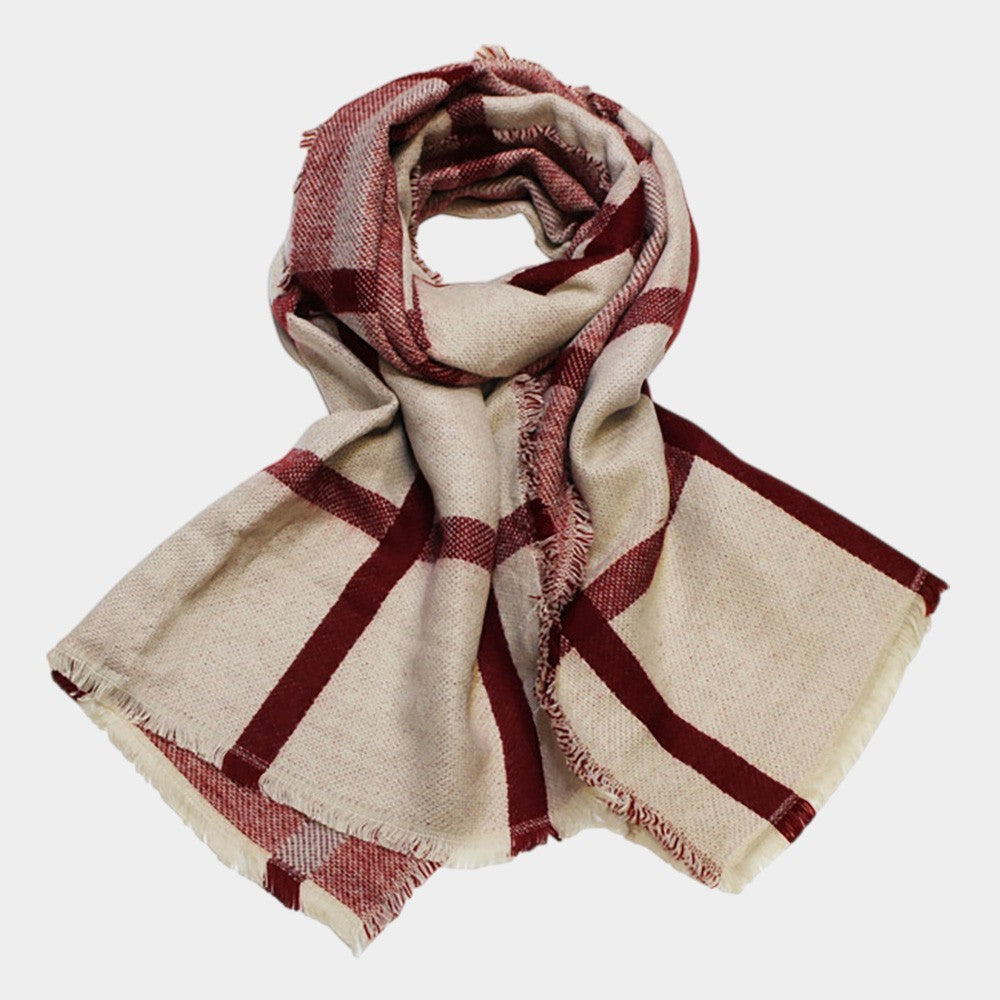 Women's Stylish Soft Classic Checkered Plaid Pattern Scarf Lightweight Ivory Red