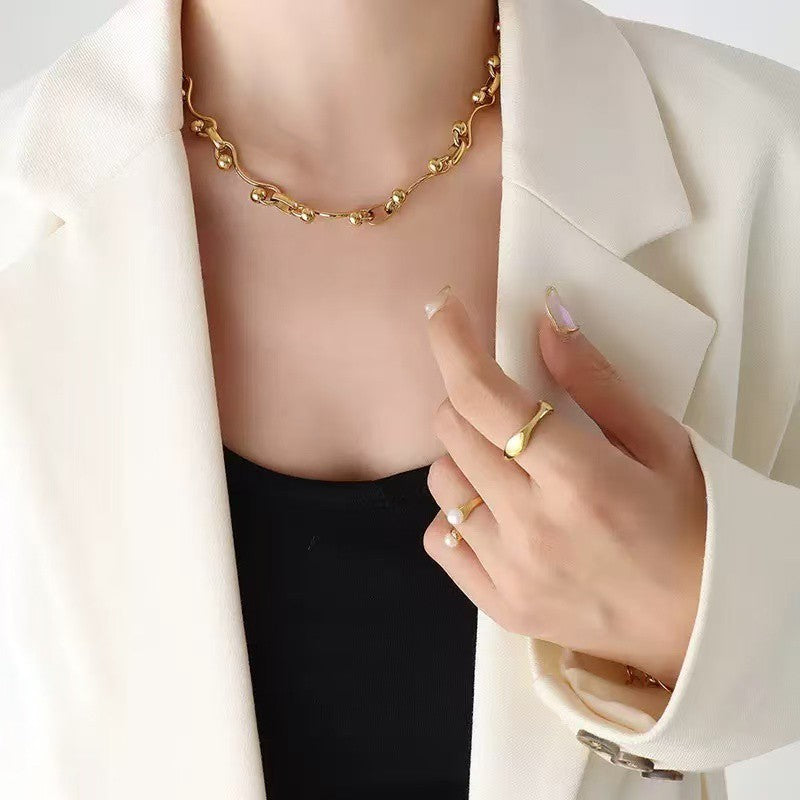 Gold Tone Wavy Ball Link Necklace Bracelet Set Stainless Steel Jewelry