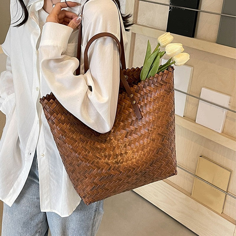 Handwoven Basket Weave Rattan Straw Tote Bag Large Capacity Brown Bags