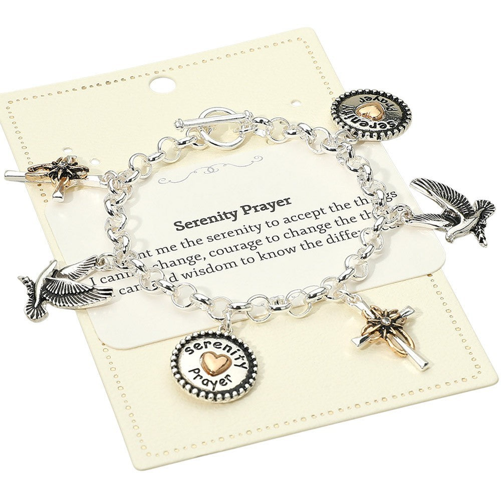 2PCS Serenity Prayer Dove Cross Charm Bracelet Silver Tone Inspirational Gift