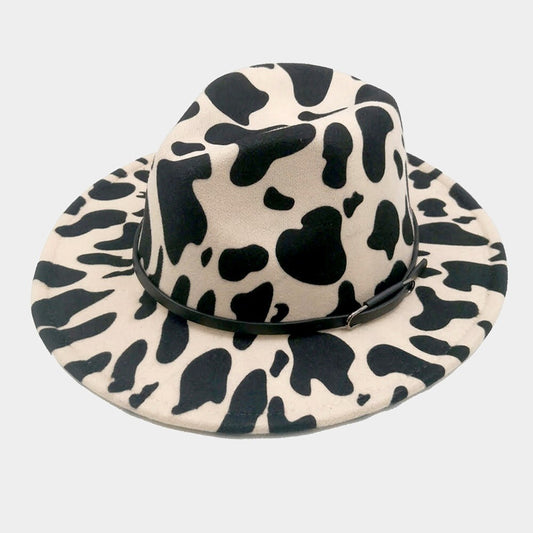 Faux Leather Cow Printed Belted Panama Hat Unisex Animal Print Hats One Size