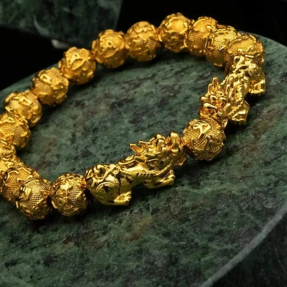 Gold Tone 10mm Natural Beaded Charm Bracelet for Wealth and Good Luck Feng Shui