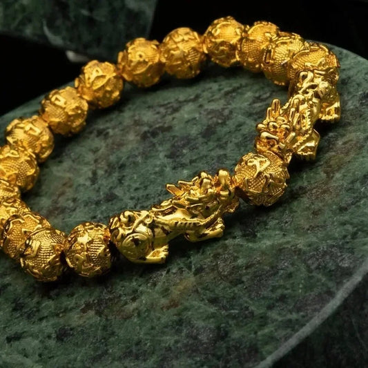 Gold Tone 10mm Natural Beaded Charm Bracelet for Wealth and Good Luck Feng Shui