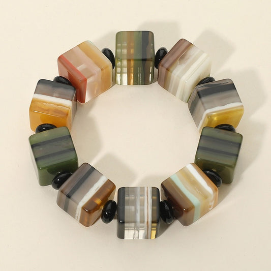 Earth Tone Striped Resin Square Bead Stretch Bracelet Mixed Natural Colors 0.6"