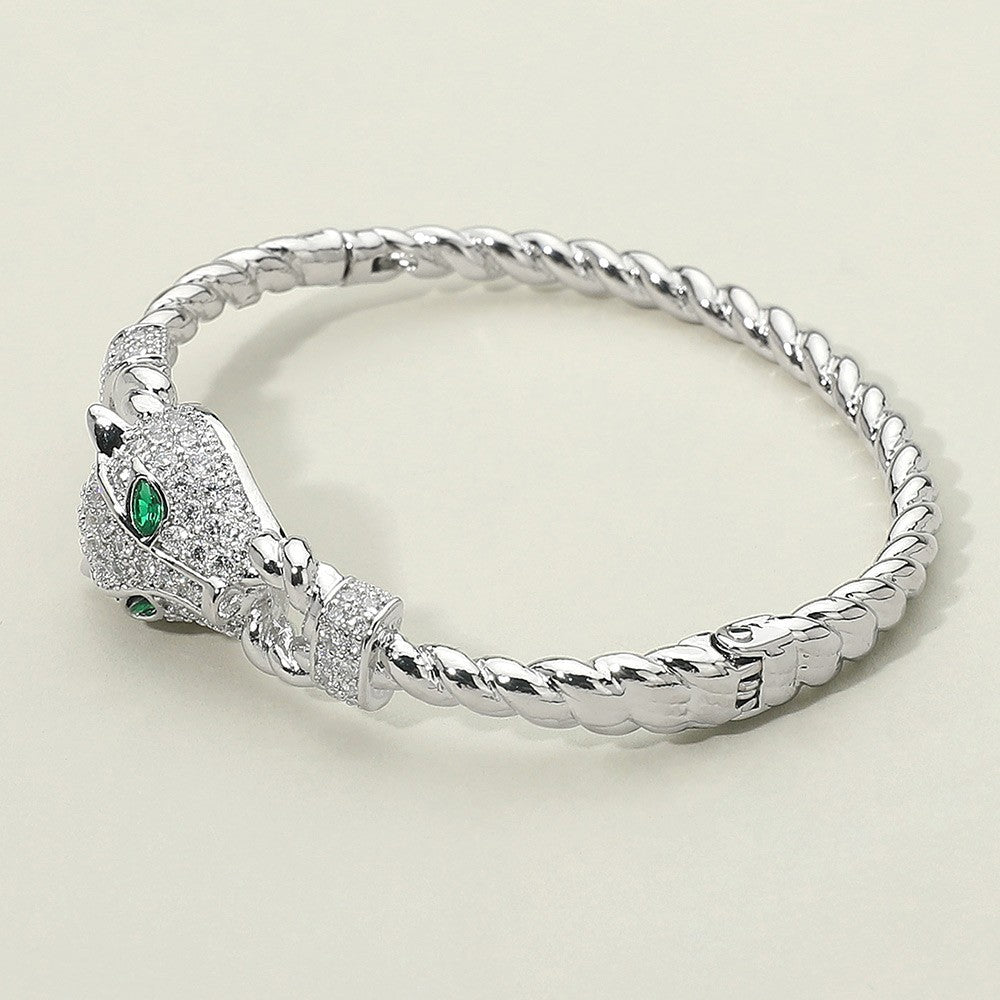 14K Gold Plated CZ Stone Paved Leopard Panther Head Accent Bracelet Hinged Clasp