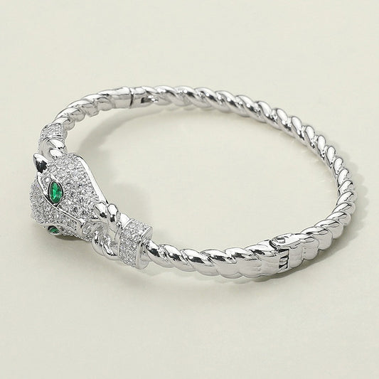 14K Gold Plated CZ Stone Paved Leopard Panther Head Accent Bracelet Hinged Clasp
