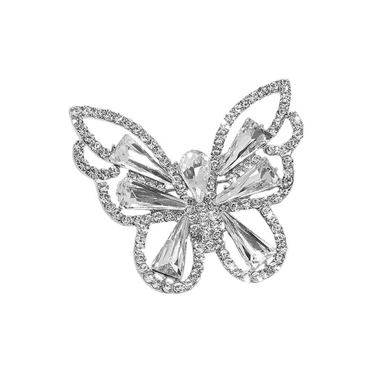 2pc Sparkling Silver Tone Butterfly Crystal Rhinestone Brooch Pin Set - 2.25"