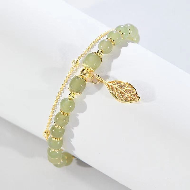 3pcs Green Jade Beaded Bracelets with Gold Leaf Charm & Chain Women's Jewelry