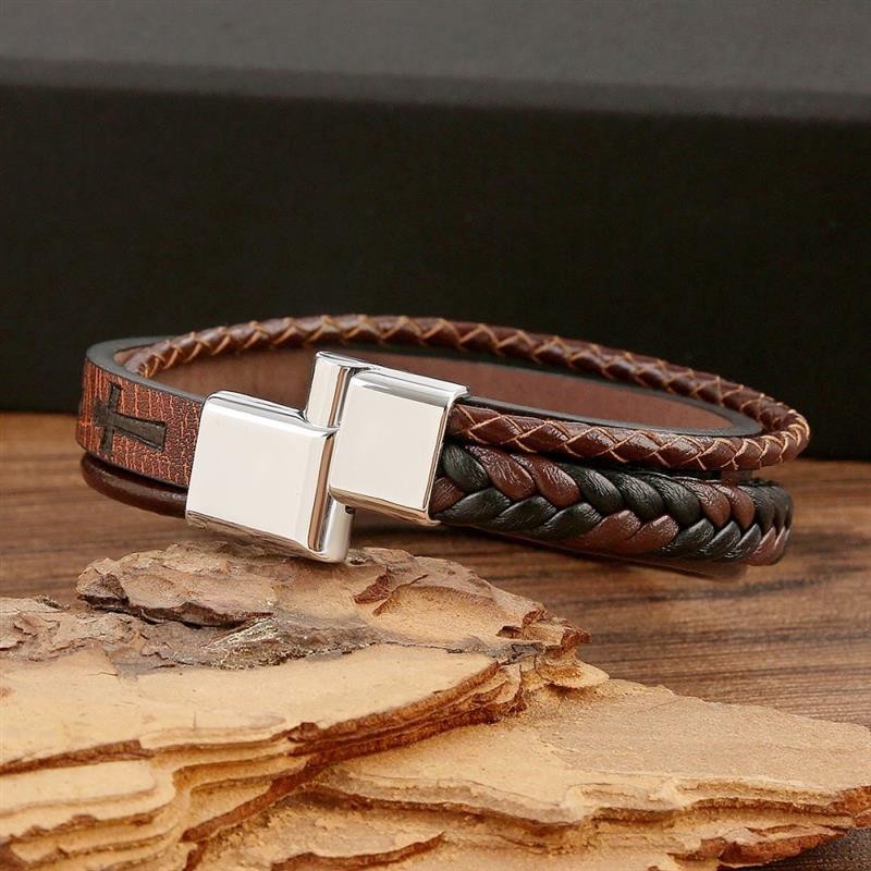 Men's Brown Braided Leather Cross Bracelet Stainless Steel Clasp Gift