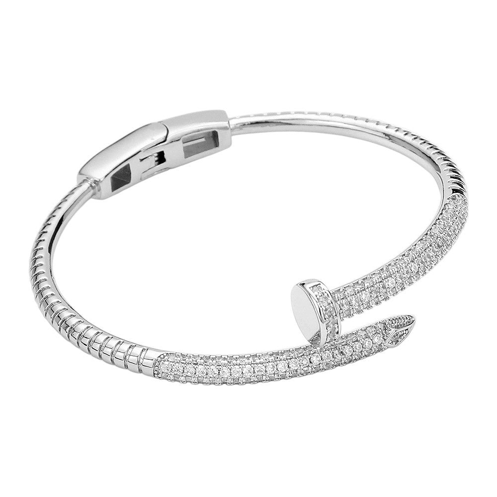 Silver Nail Bangle Bracelet Pave Crystal Accents Hinged Cuff 0.6 Inch High
