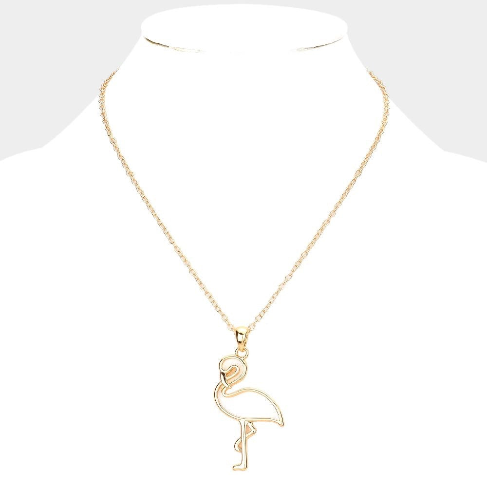 Gold Enamel Flamingo Pendant Necklace Tropical Summer Bird Charm 18" L + 3" L