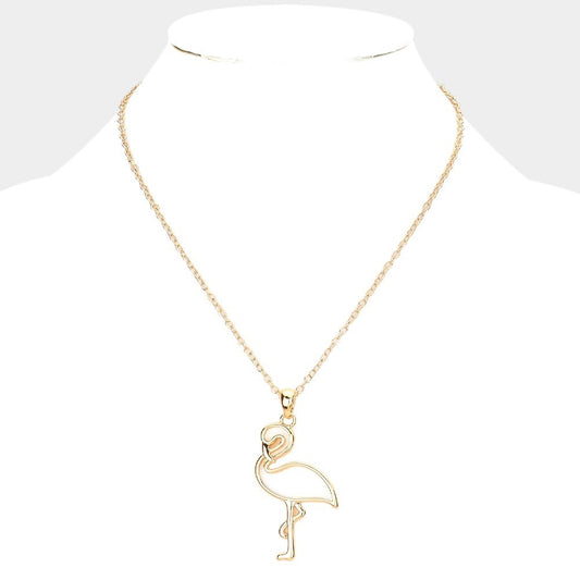 Gold Enamel Flamingo Pendant Necklace Tropical Summer Bird Charm 18" L + 3" L