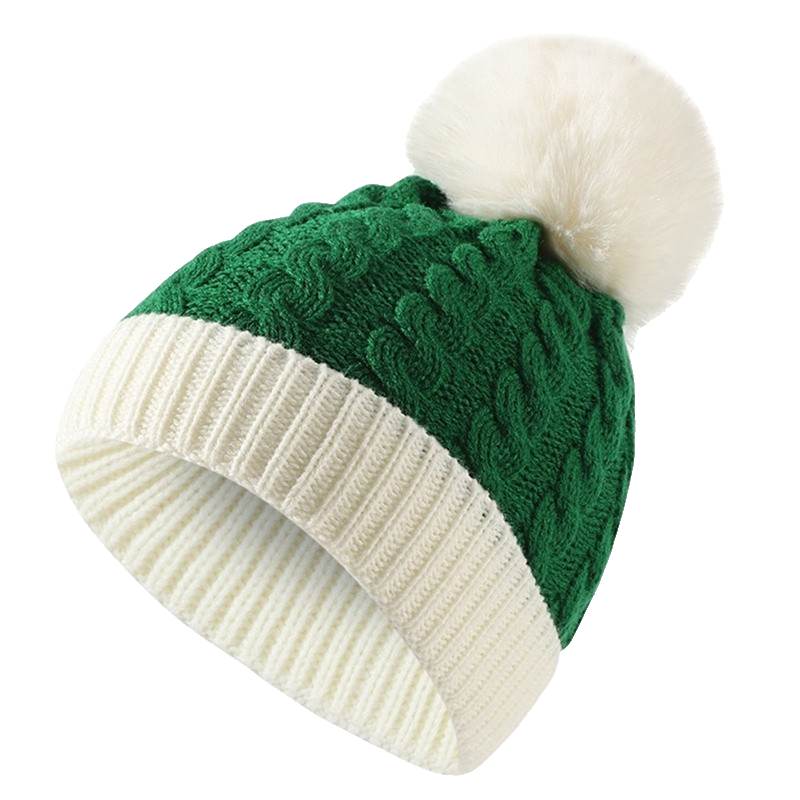 Green White Cotton Cable Knit Beanie Hat Cuffed Winter Faux Fur Pom Pom Cap