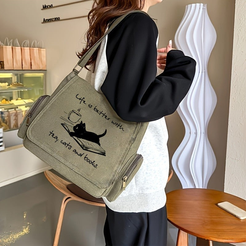 Green Canvas Messenger Bag Cat Tea Books Crossbody School Satchel Travel Tote