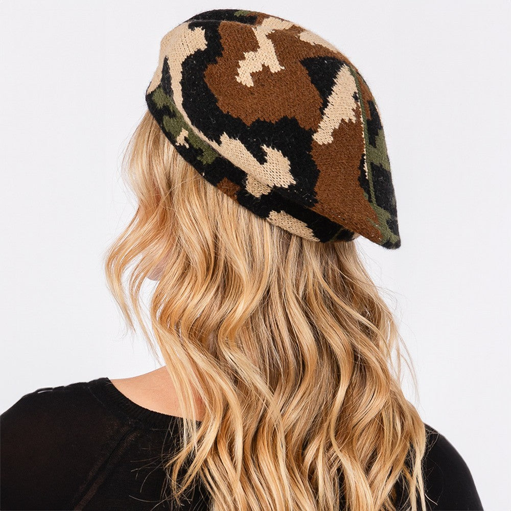 Camo Knit Beret Hat Women’s Fashion Winter Fall Casual Military Style Beanie Cap