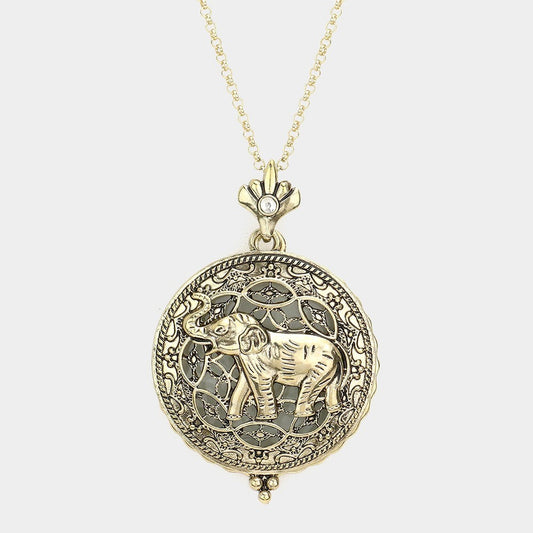 Gold Elephant Magnifying Glass Pendant Long Necklace Vintage Style Jewelry