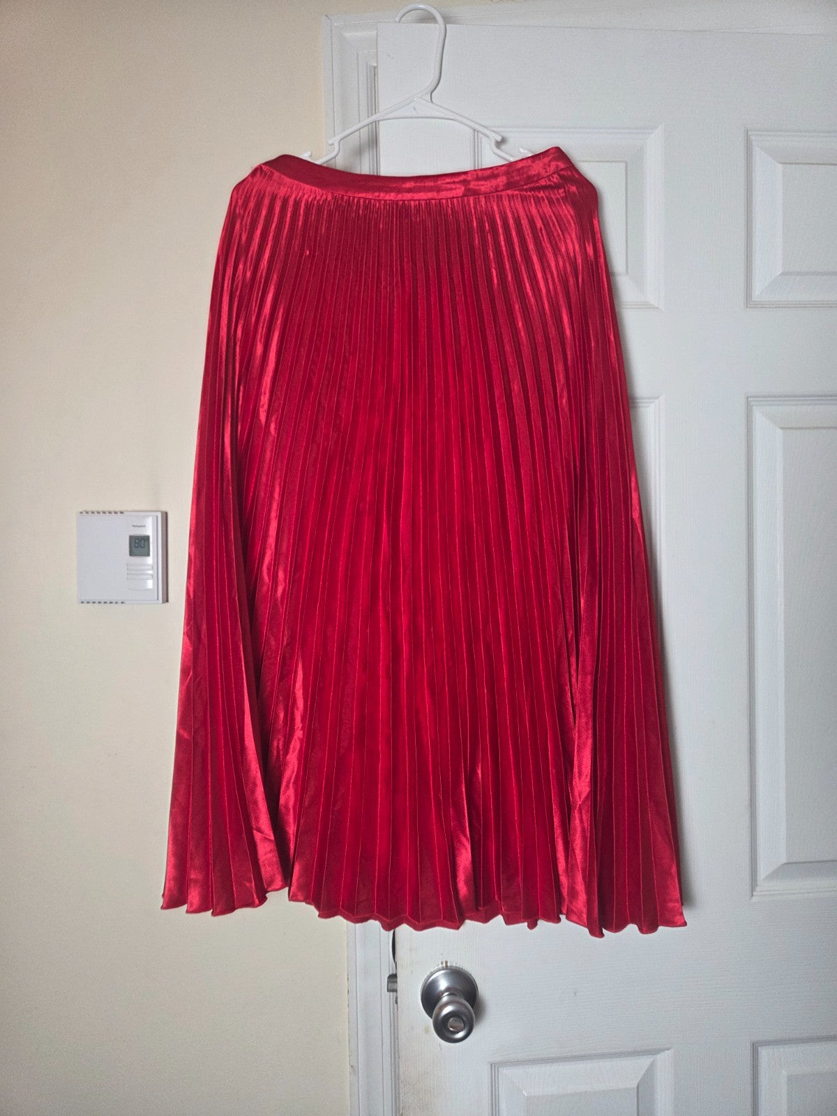 Bright Red Satin Pleated Midi Skirt for Women Elegant Flowing Skirt for Ladies