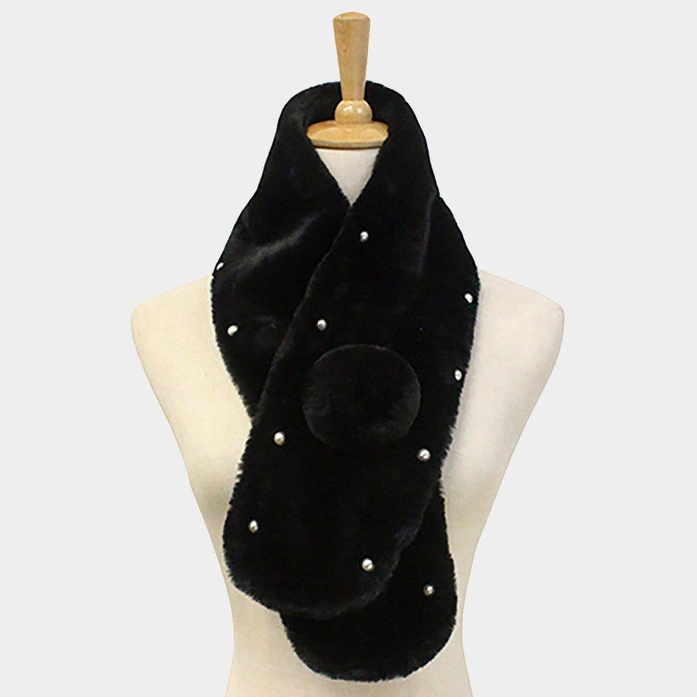 Pearl Embellished Faux Fur Pom Pom Pull-Through Collar Scarf for Women Black