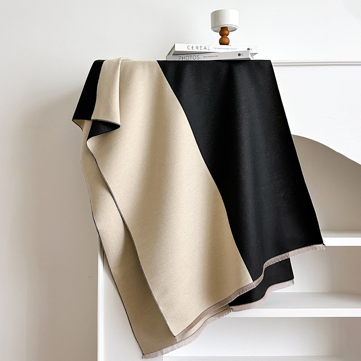 Reversible Cashmere Feel Shawl Wrap Scarf Beige Black Oversized Blanket 72.8in