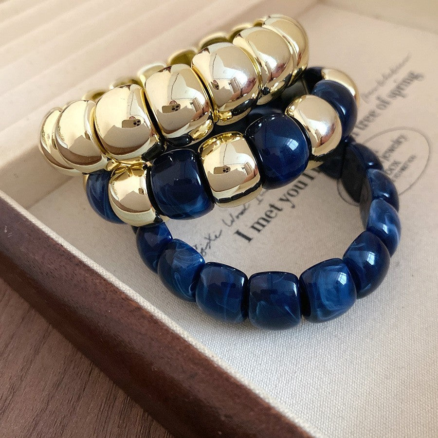 Navy Blue Marbled & Gold Chunky Barrel Bead Stretch Bracelet Set