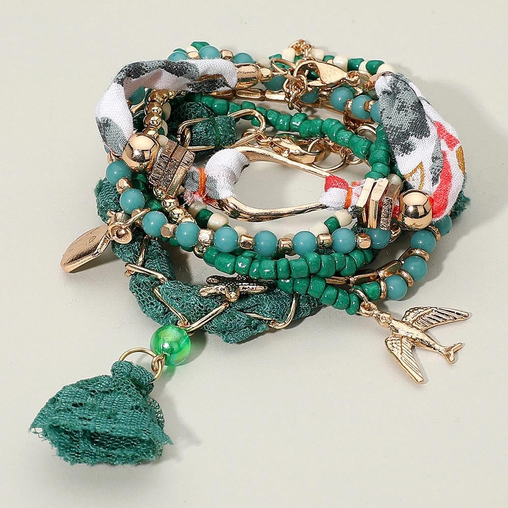 7pc Gold Lion Head Medallion Chain Link Bracelet and Stretch Ring Jewelry Set