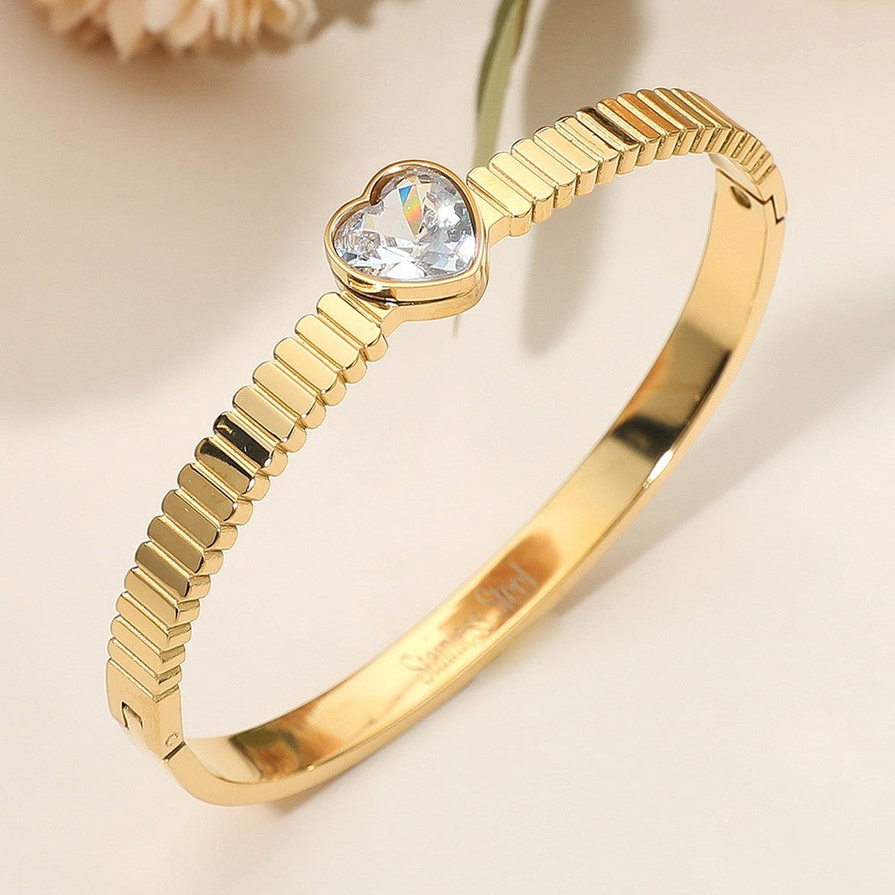 Stainless Steel Heart Stone Accent Hinged Bangle Bracelet for Women