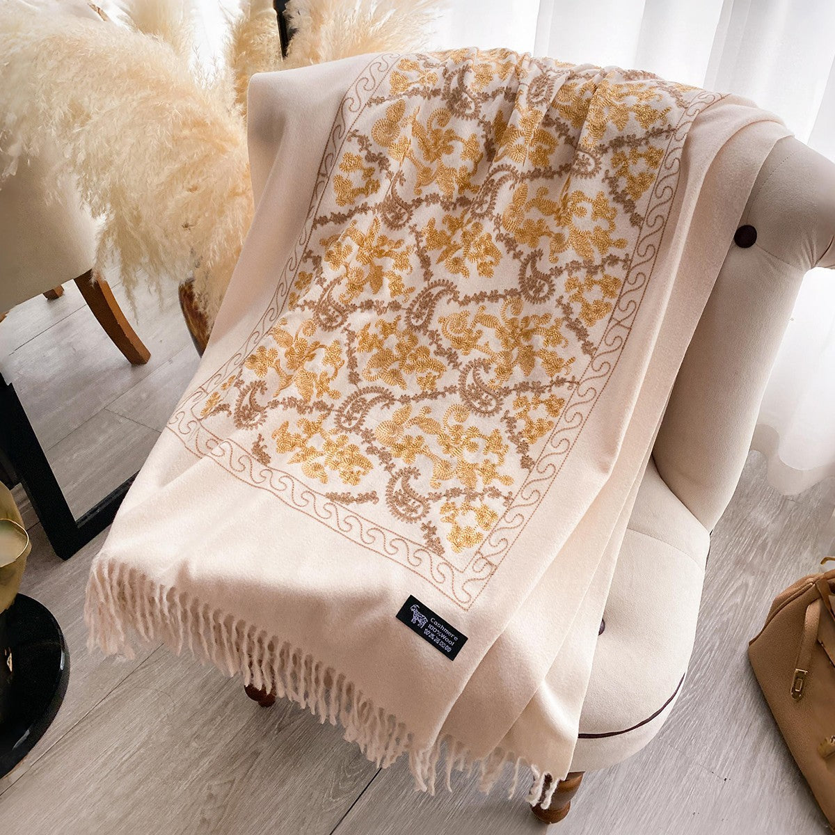 Beige Gold Ornate Pattern Pashmina Shawl Oversize Cashmere-Feel Winter Wrap