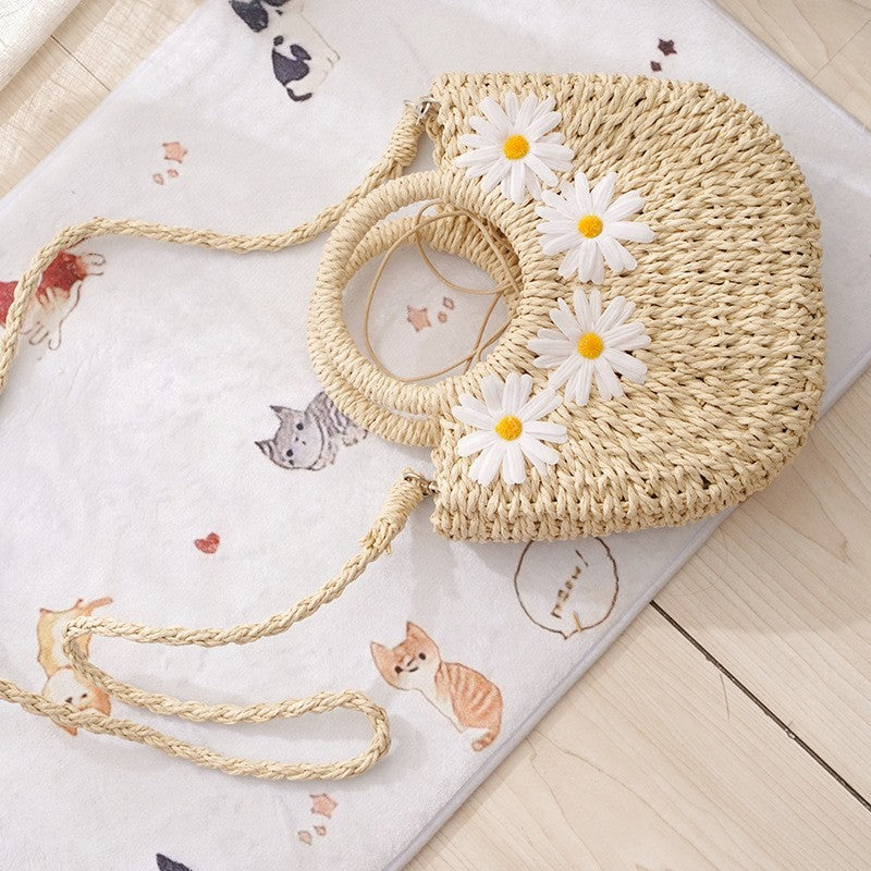 Hand-Woven Straw Daisy Bag for Women| Boho Moon-Shaped Summer Crossbody Purse