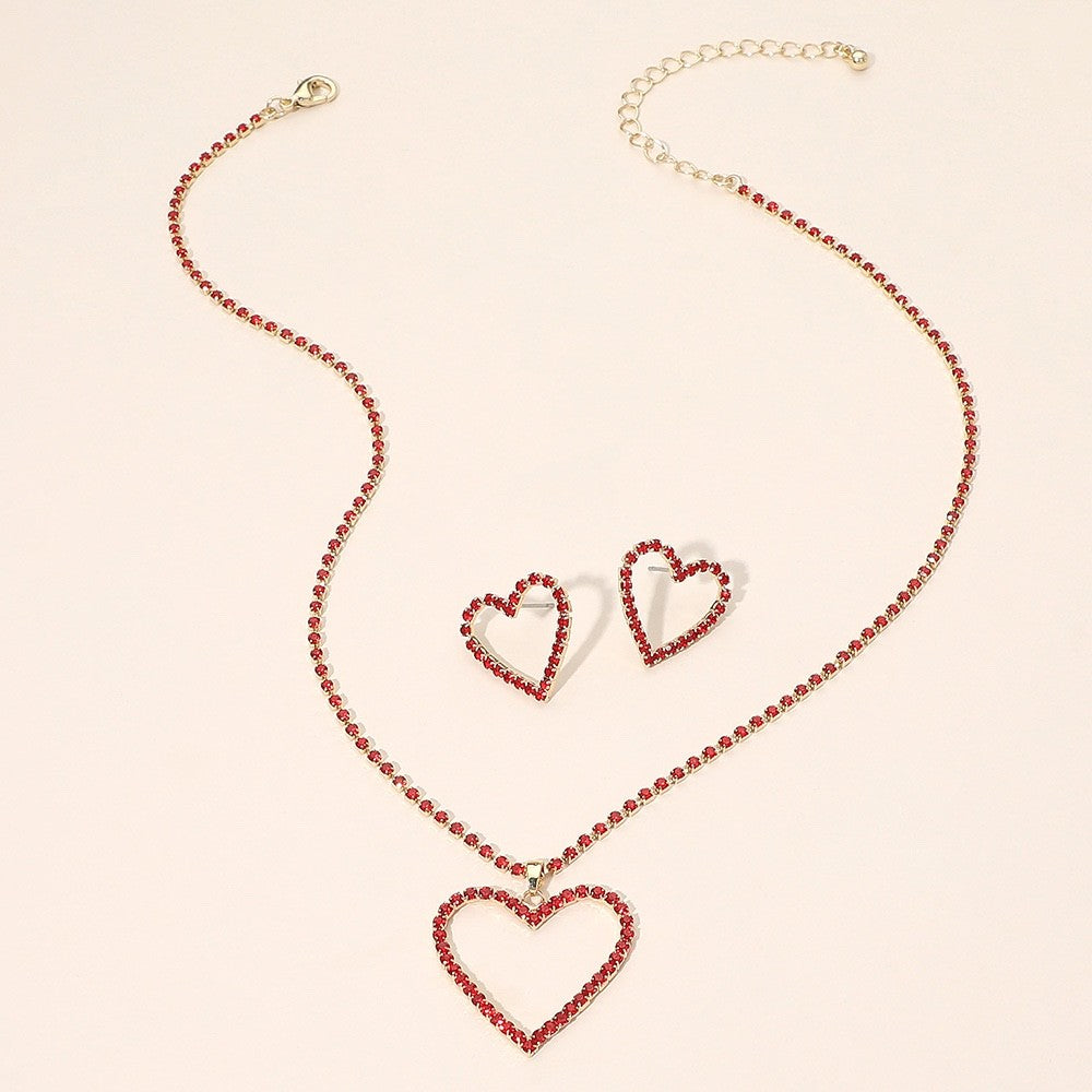 2pcs Radiant Red Heart Rhinestone Pendant Necklace and Stud Earring Jewelry Set