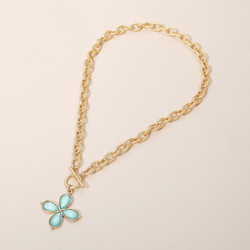 Gold Textured Link Chain Aqua Blue Petal Flower Pendant Toggle Necklace