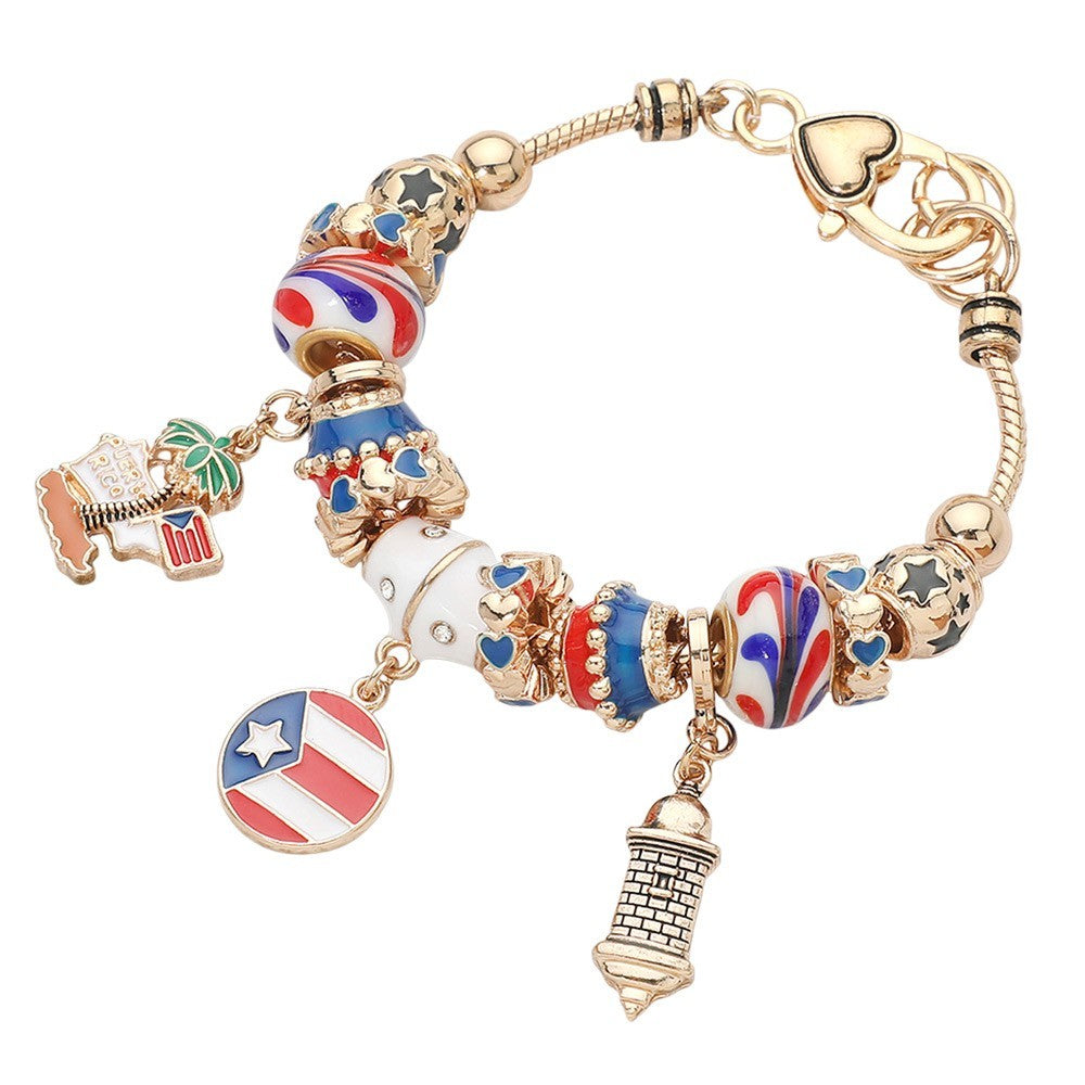 Gold Tone Puerto Rico Flag Charm Multi-Bead Bracelet with Lobster Clasp Closure