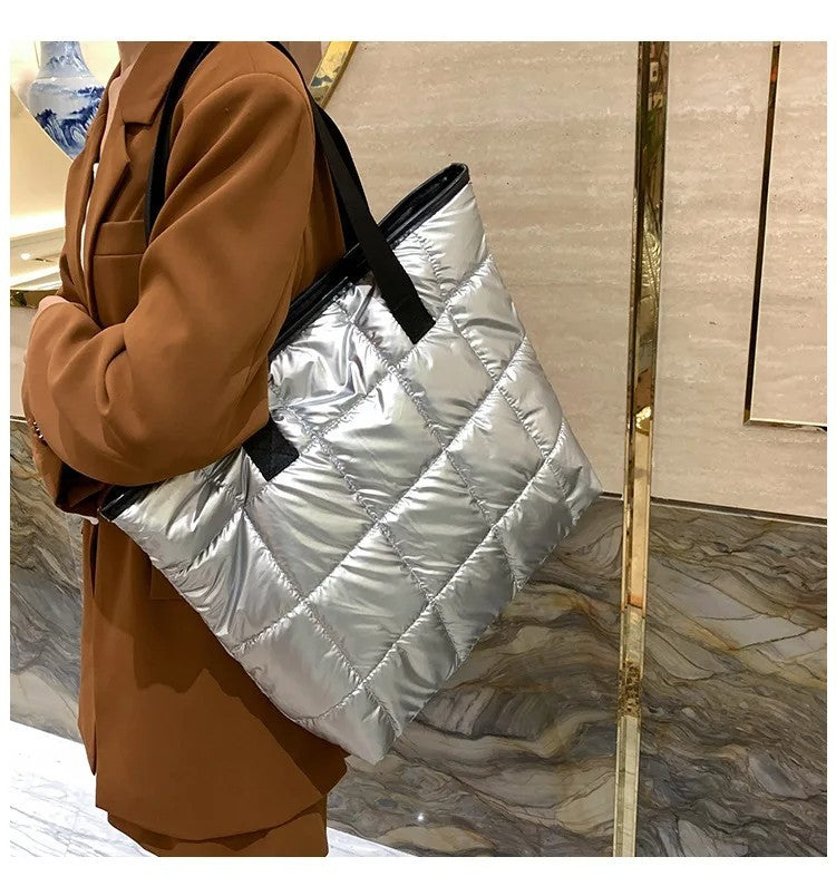 Gray Quilted Puffer Tote Bag Shoulder Handbag Zipper Closure Carryall Purse