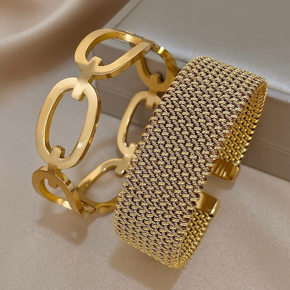 2pcs 18K Gold Plated Mesh Cuff & Chunky Oval Link Bangle Bracelet Stack Set