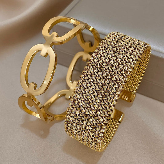 2pcs 18K Gold Plated Mesh Cuff & Chunky Oval Link Bangle Bracelet Stack Set