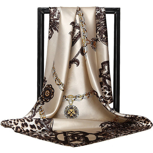 Luxury Imitation Silk Scarf for Women Satin Square Head Scarf with Leopard Print
