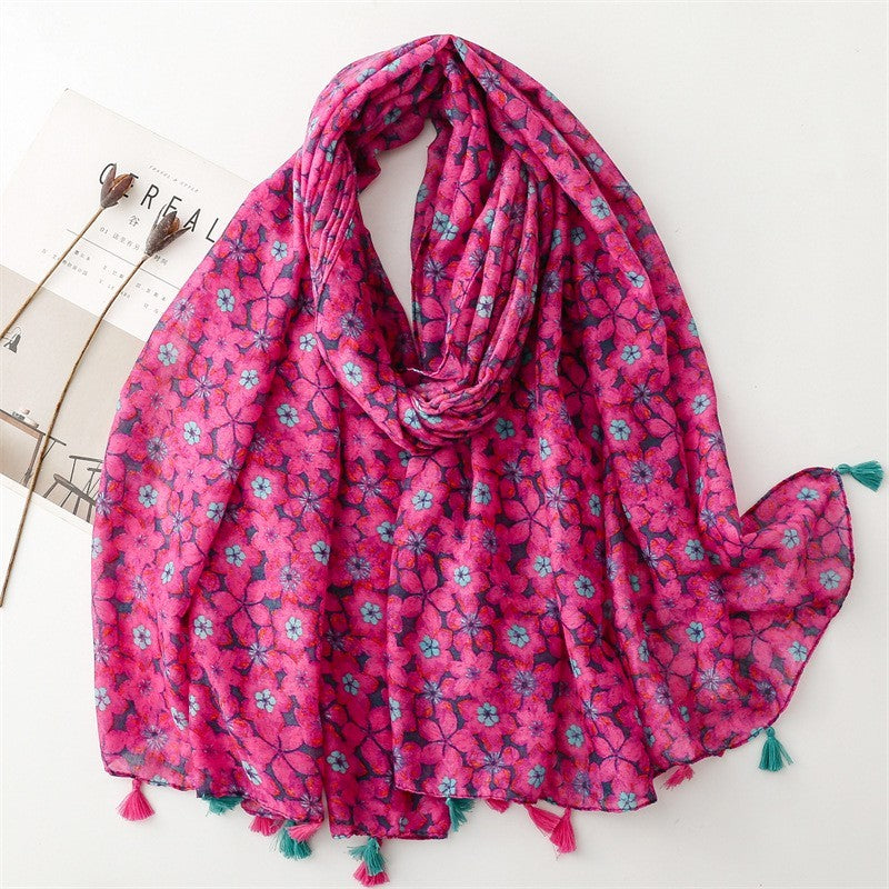 Women's Oversized Floral Print Tassel Scarf for Women Spring Pattern Scarves