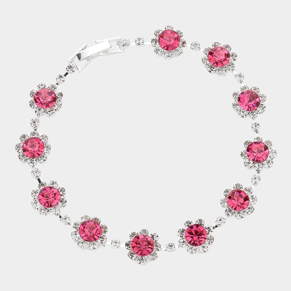 Round Crystal Rhinestone Rosette Evening Bracelet for Women w/ Foldover Closure