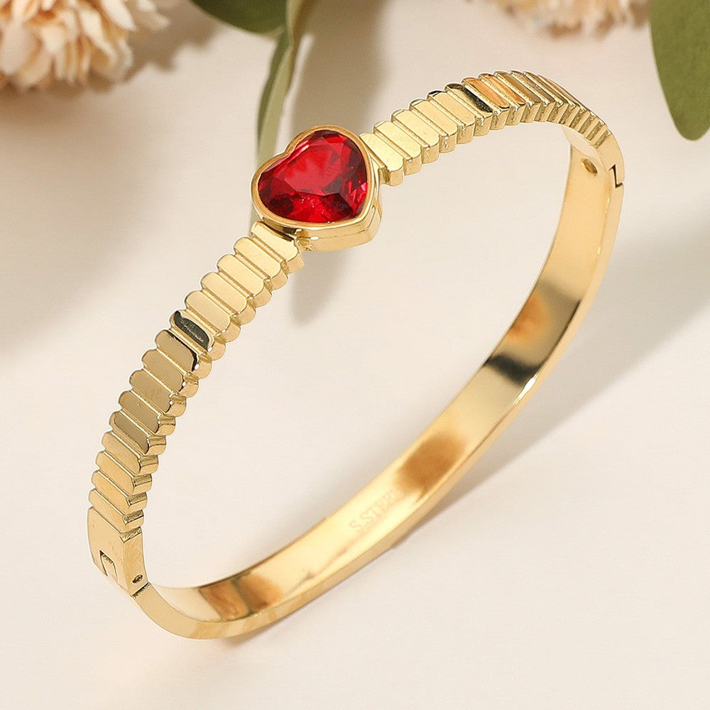 Red Heart Crystal Hinged Bangle Bracelet Gold Tone Stainless Steel