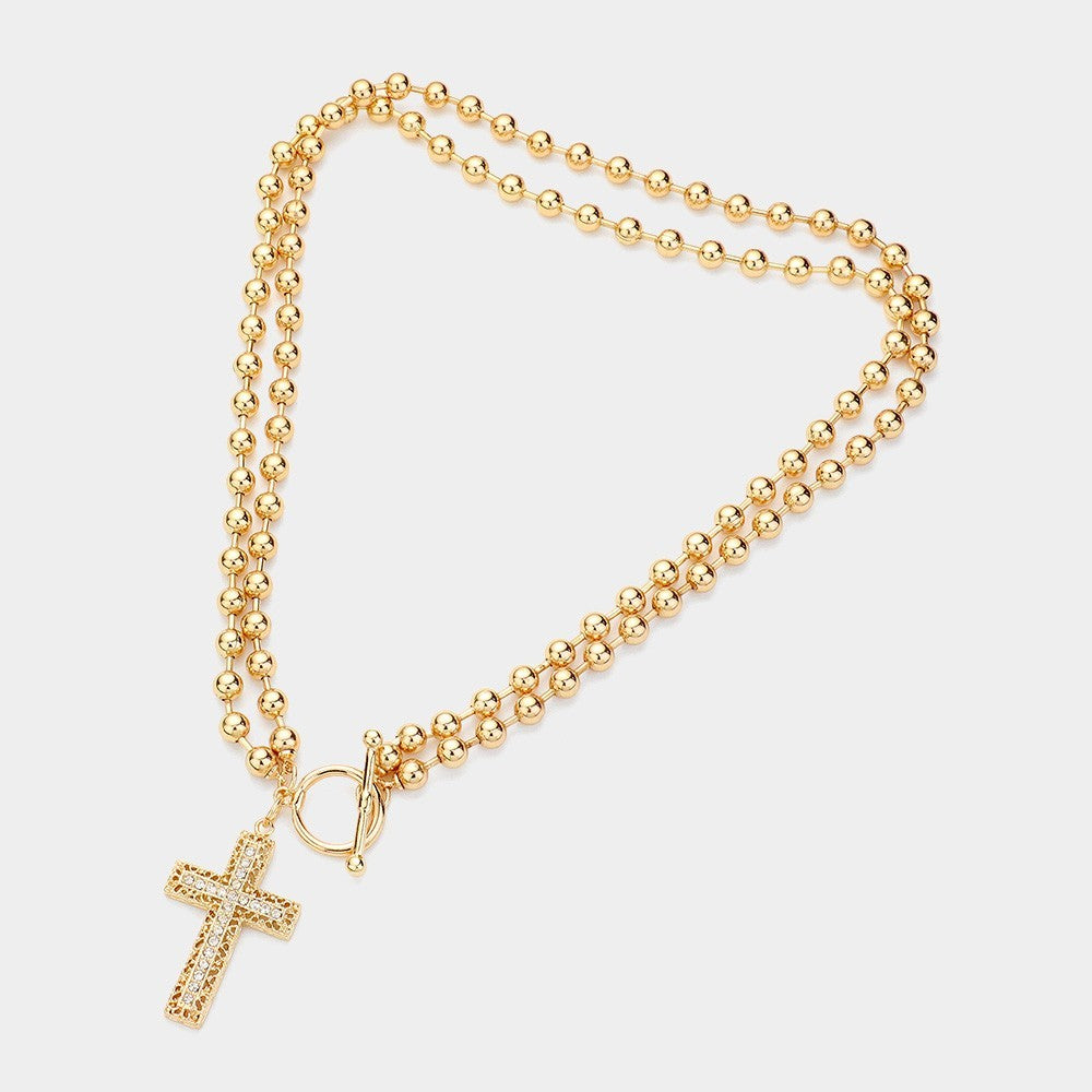 Chunky Gold Beaded Toggle Necklace Crystal Cross Pendant Statement Jewelry