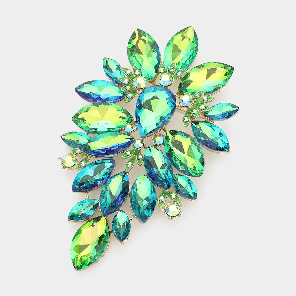 Iridescent Emerald Green & Teal Crystal Marquise Cluster Statement Brooch Pin
