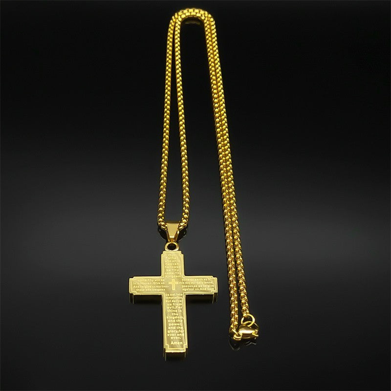 Gold Stainless Steel Cross Pendant Necklace with Lord’s Prayer Engraving Christi