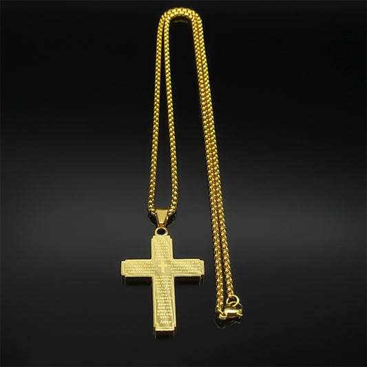Gold Stainless Steel Cross Pendant Necklace with Lord’s Prayer Engraving Christi